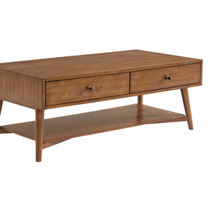 Mesa de centro rectangular de madera fabricada en canela de 48" con dos cajones y estante