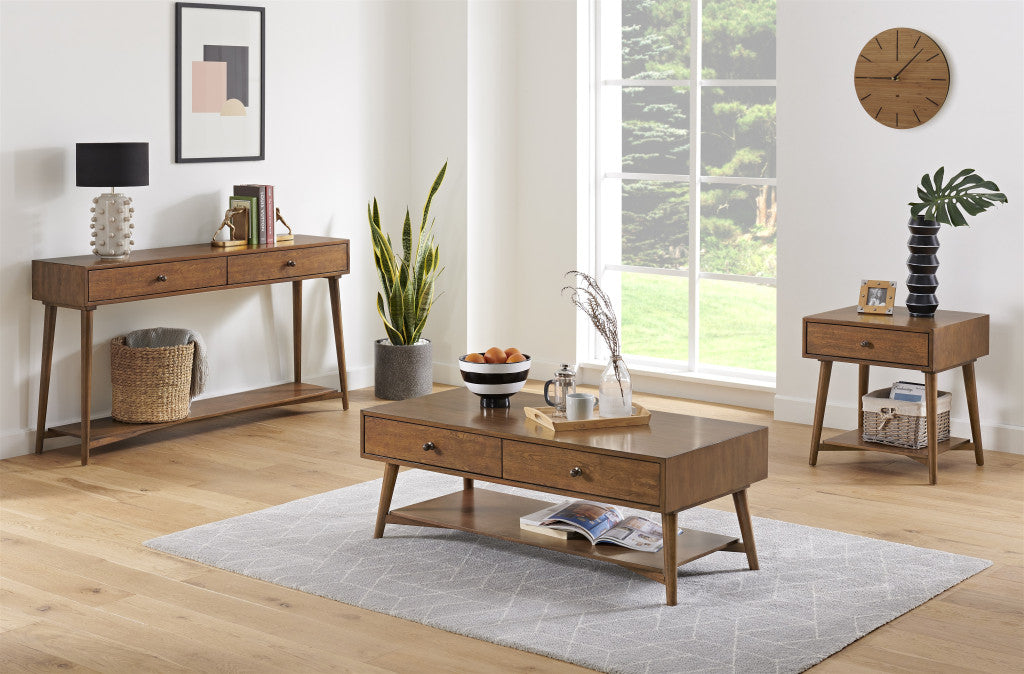 Mesa de centro rectangular de madera fabricada en canela de 48" con dos cajones y estante