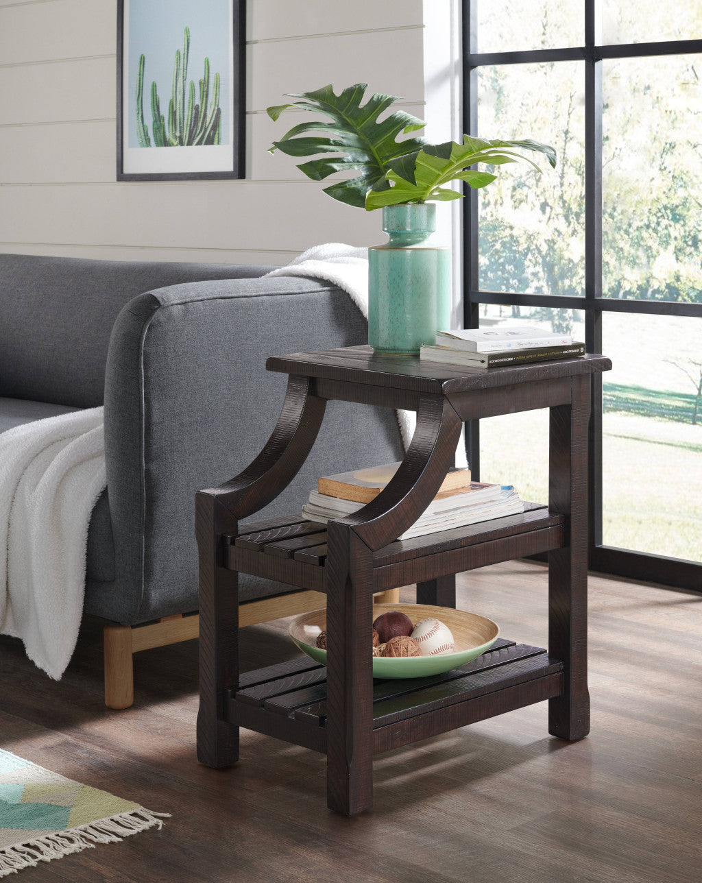 Brown Solid Wood End Table With Two Shelves 25"