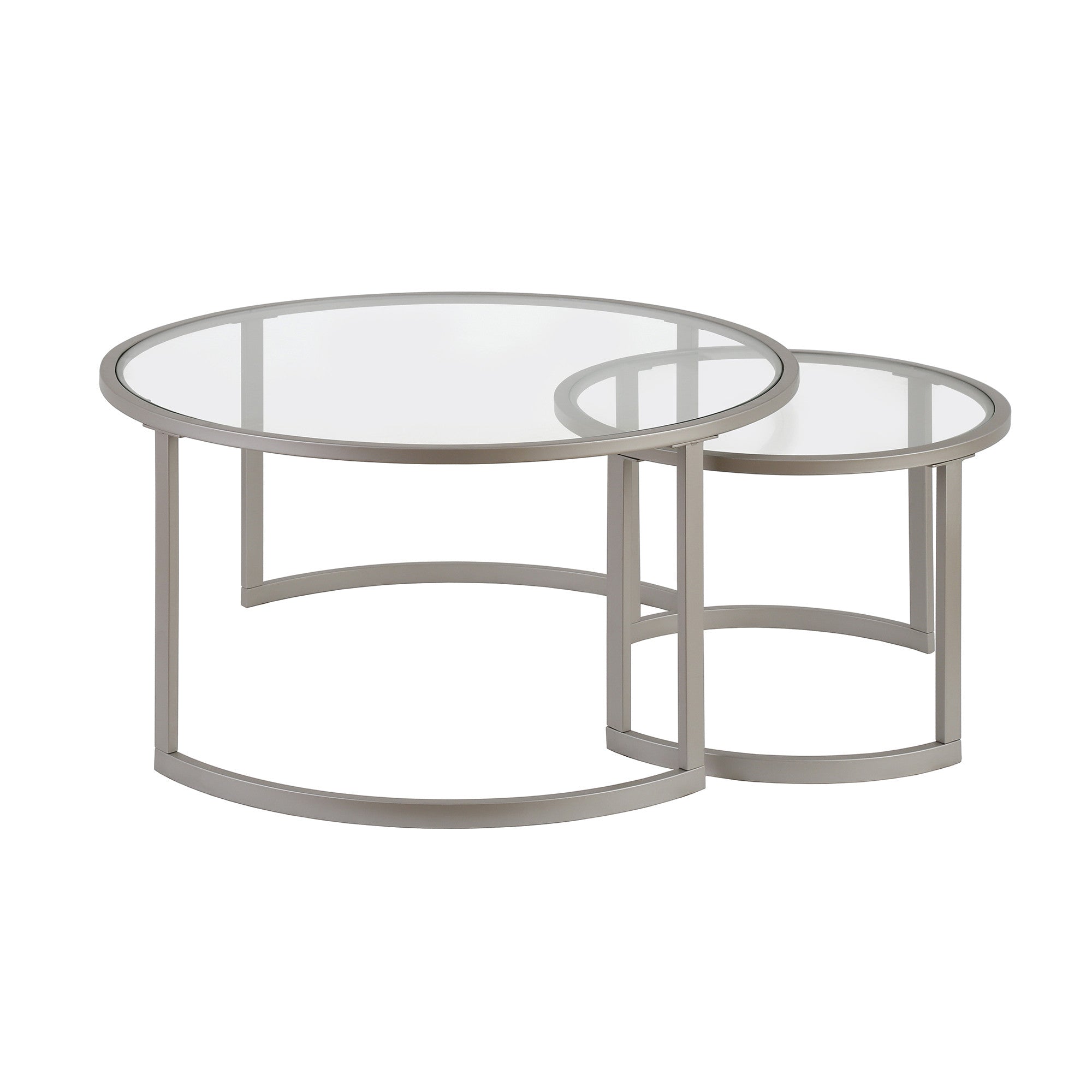 Set Of Two 36" Nickel and Glass Round Nested Coffee Tables