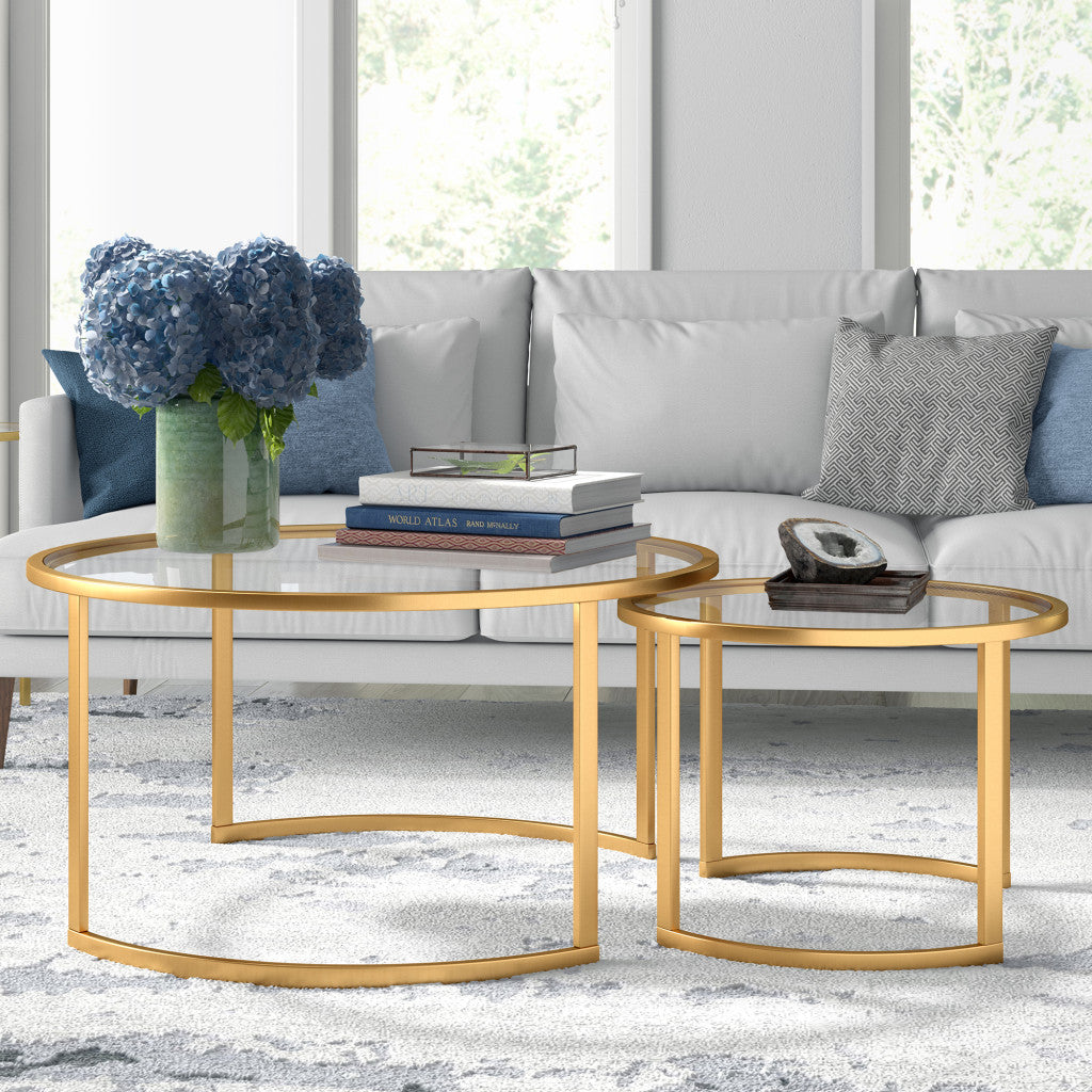 Set Of Two 36" Gold and Glass Round Nested Coffee Tables
