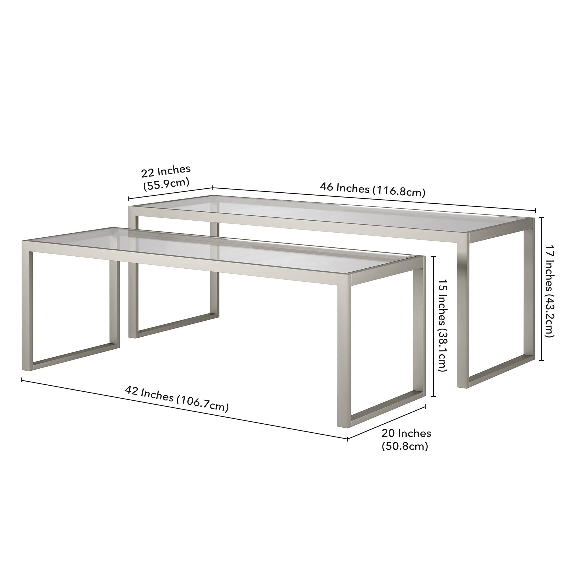 Set Of Two 46" Silver Glass Rectangular Nested Coffee Tables
