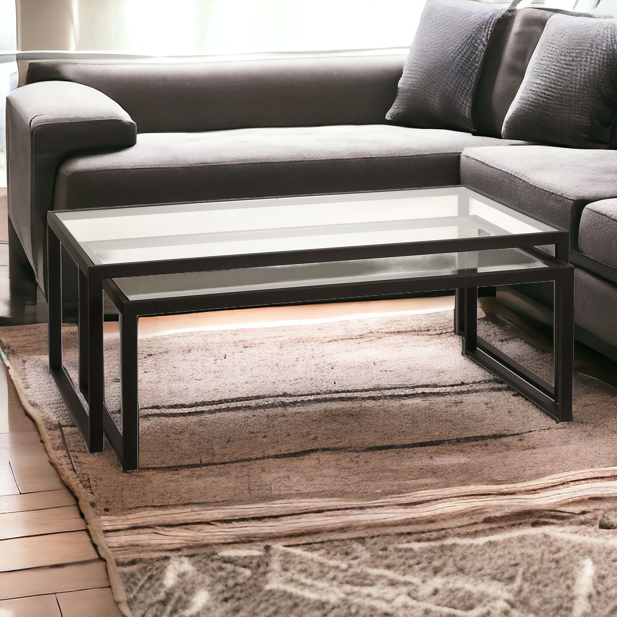 Set Of Two 46" Black Glass Rectangular Nested Coffee Tables