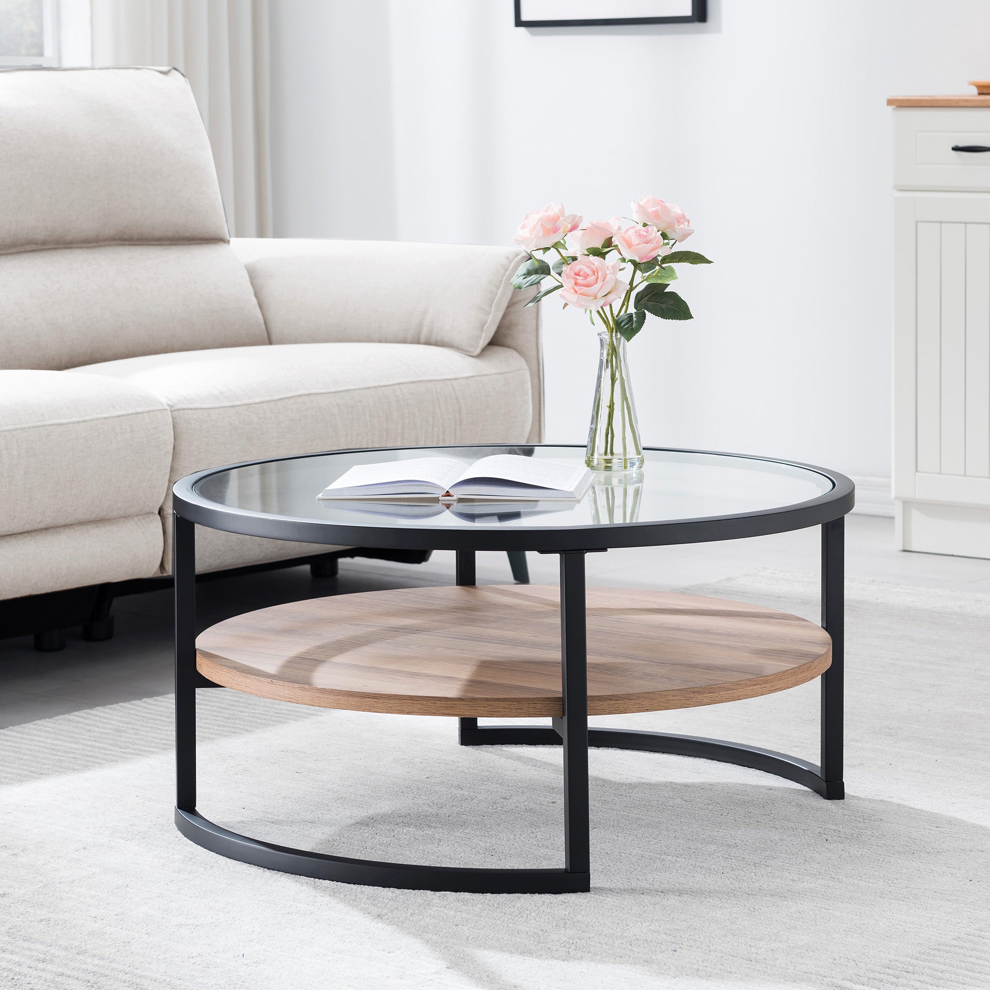 Black Brown and Glass Round Coffee Table With Shelf 34"