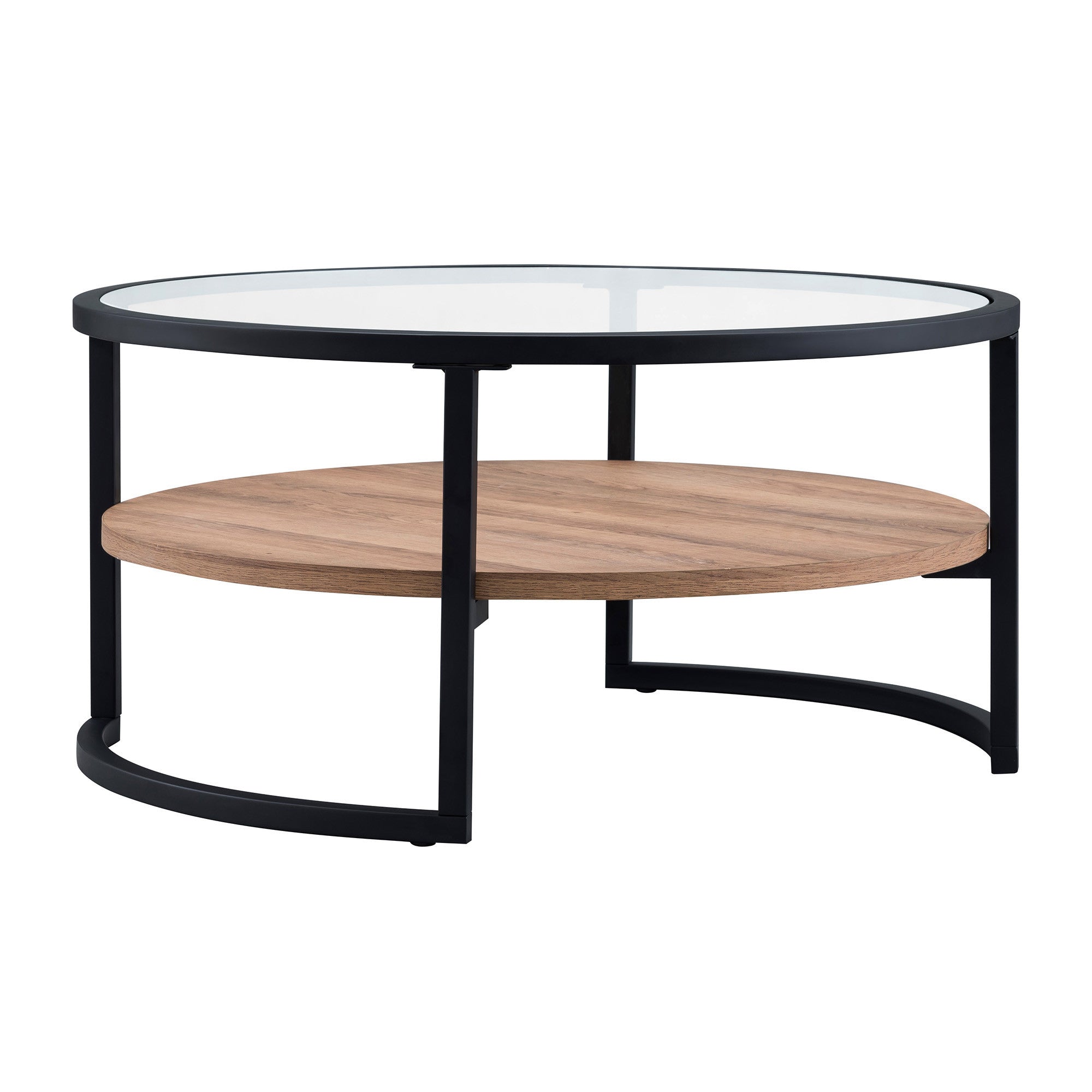 Black Brown and Glass Round Coffee Table With Shelf 34"