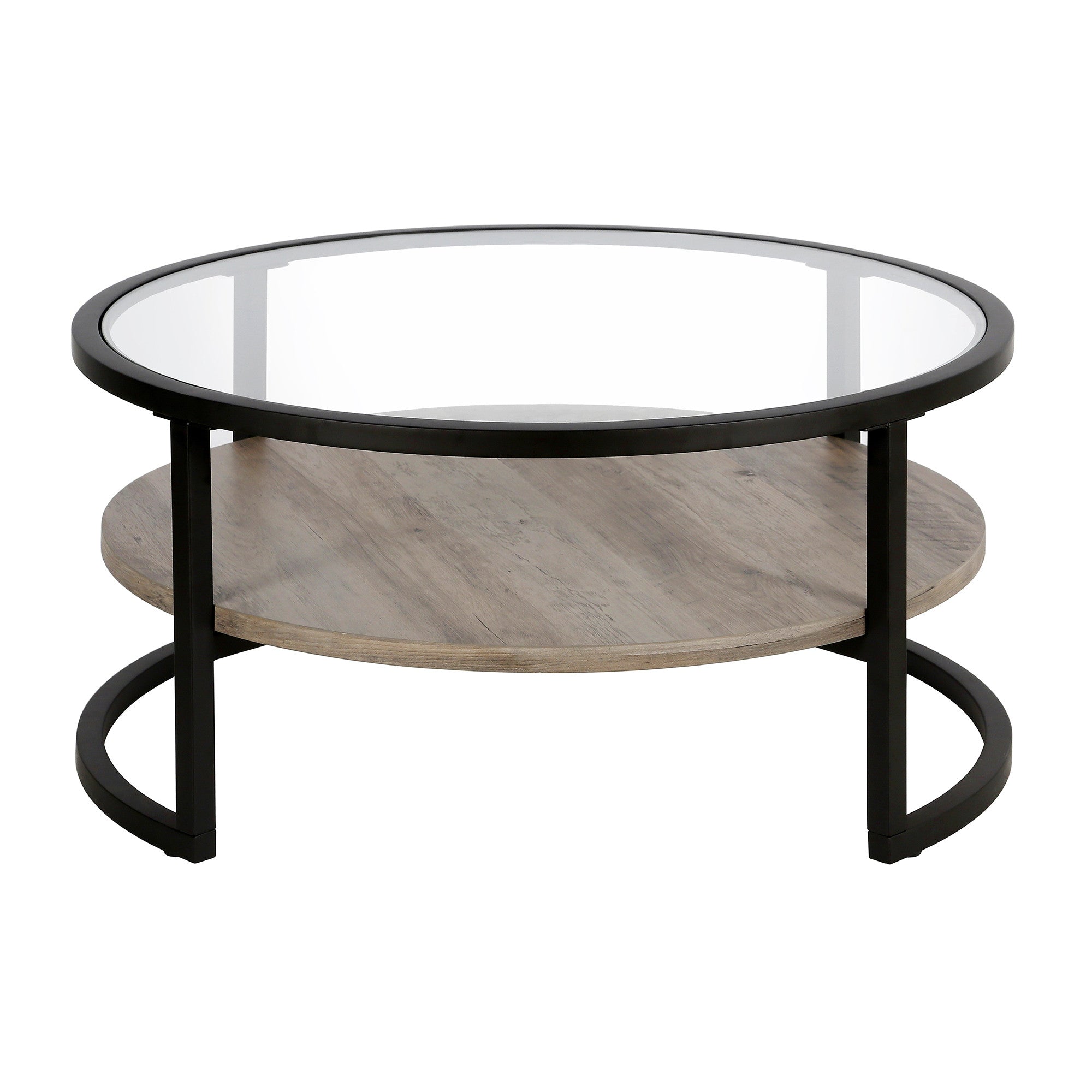 Black Glass and Gray Round Coffee Table With Shelf 34"