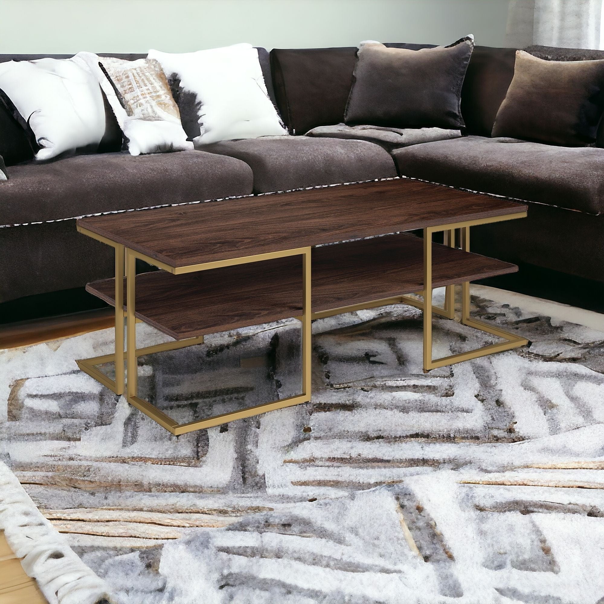 45" Gold and Brown Rectangular Coffee Table With Shelf