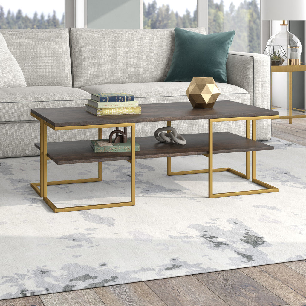 45" Gold and Brown Rectangular Coffee Table With Shelf