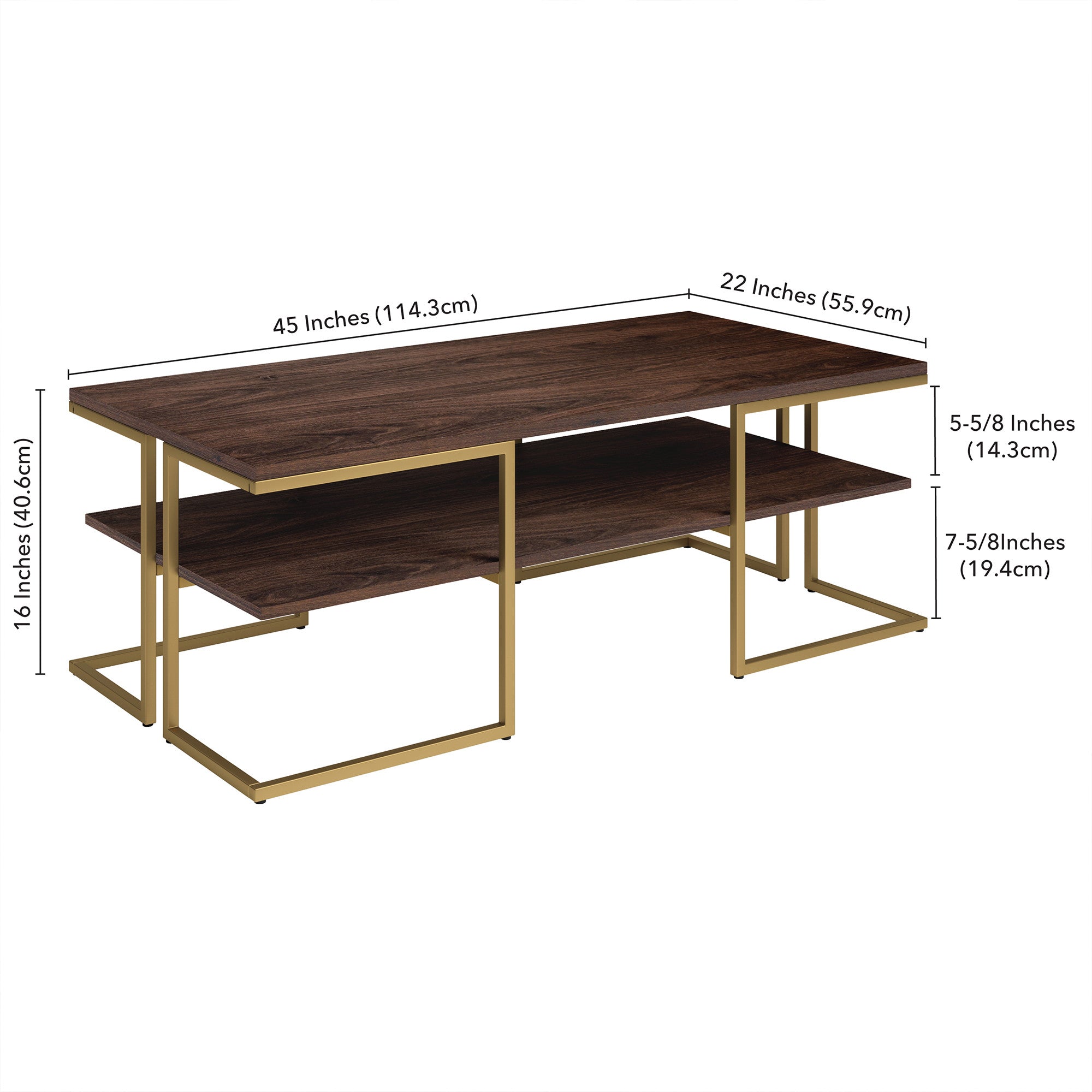45" Gold and Brown Rectangular Coffee Table With Shelf