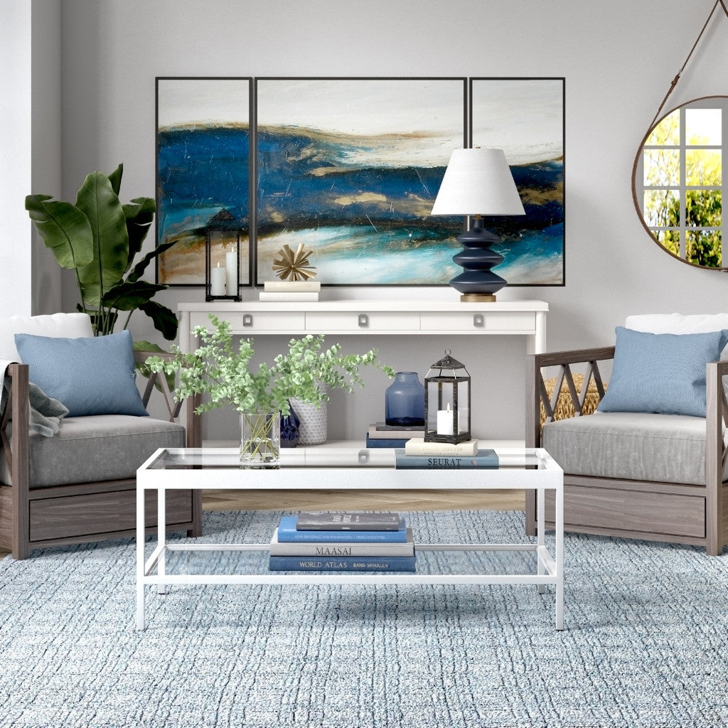 45" White and Glass Rectangular Coffee Table With Shelf