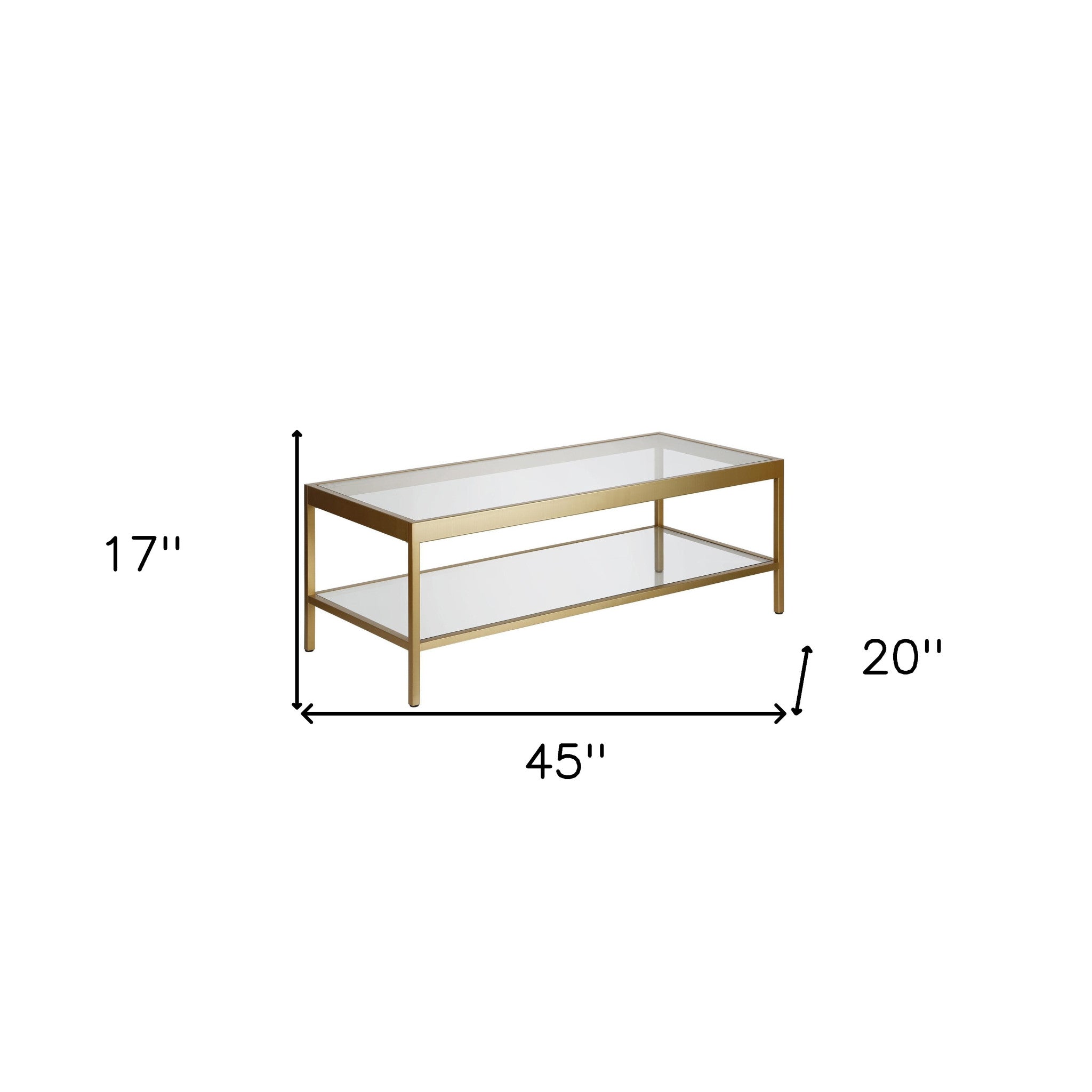45" Gold and Glass Rectangular Coffee Table With Shelf
