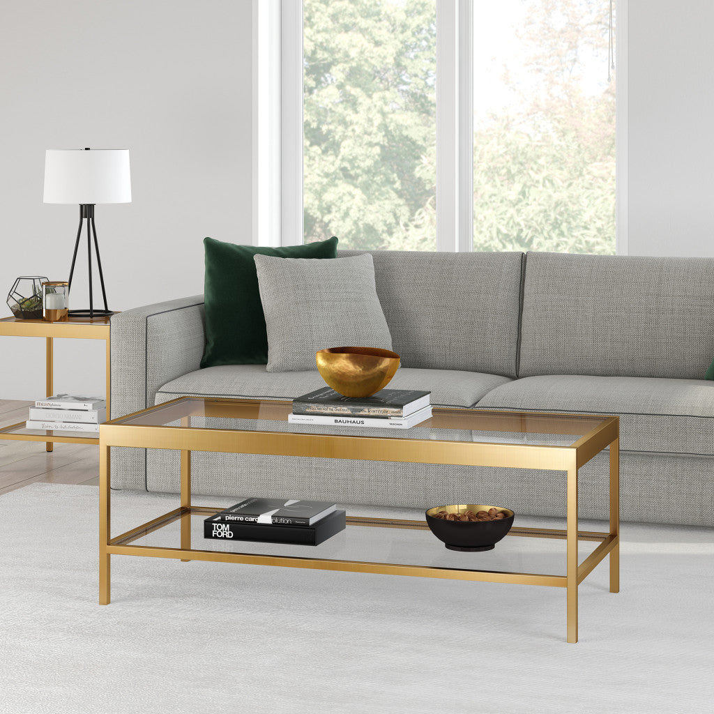 45" Gold and Glass Rectangular Coffee Table With Shelf