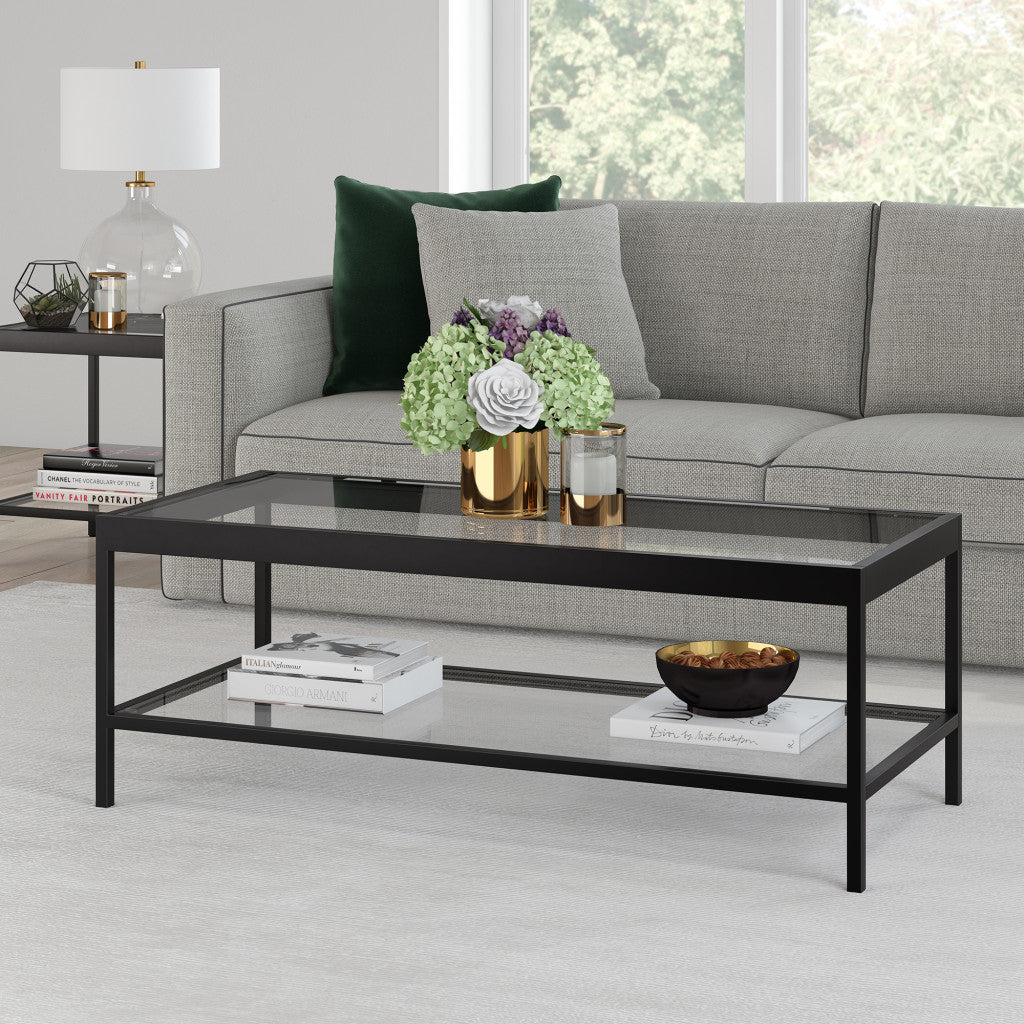 Black and Glass Rectangular Coffee Table With Shelf 45"