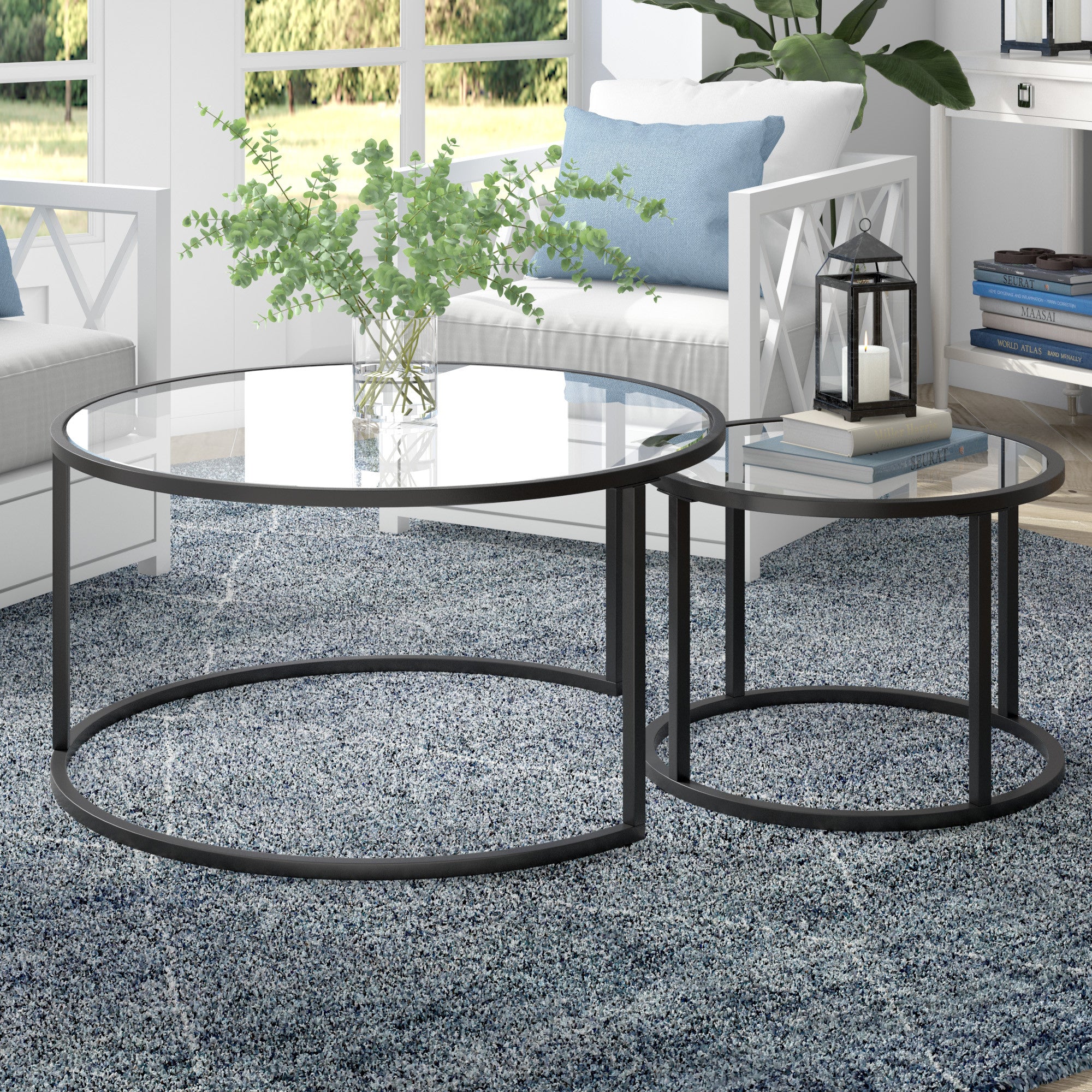 Black Glass Round Nested Coffee Tables Set Of Two 35"