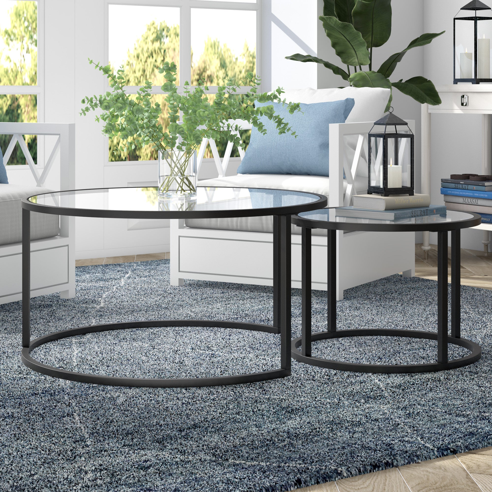 Black Glass Round Nested Coffee Tables Set Of Two 35"