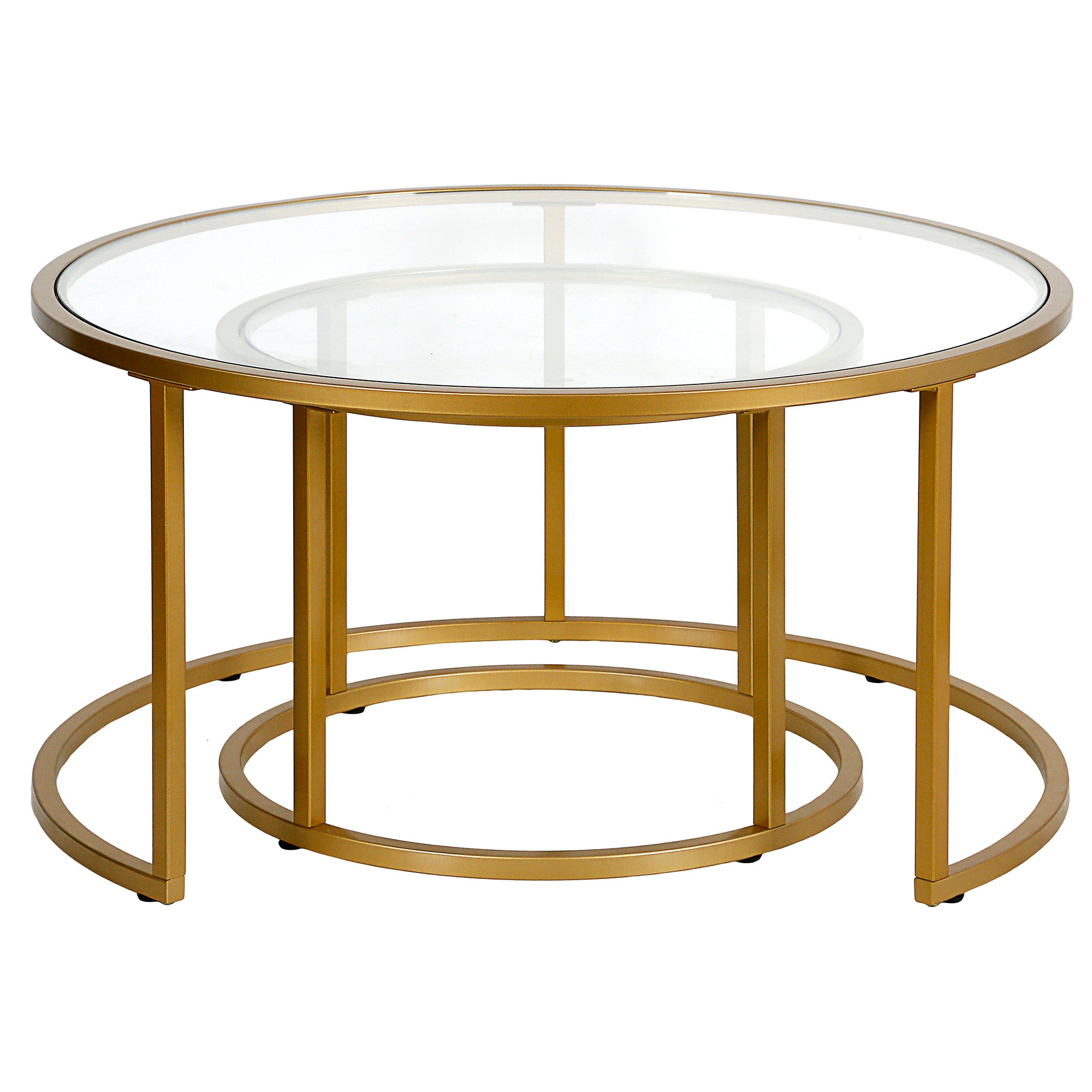 Set Of Two 35" Gold Glass Round Nested Coffee Tables