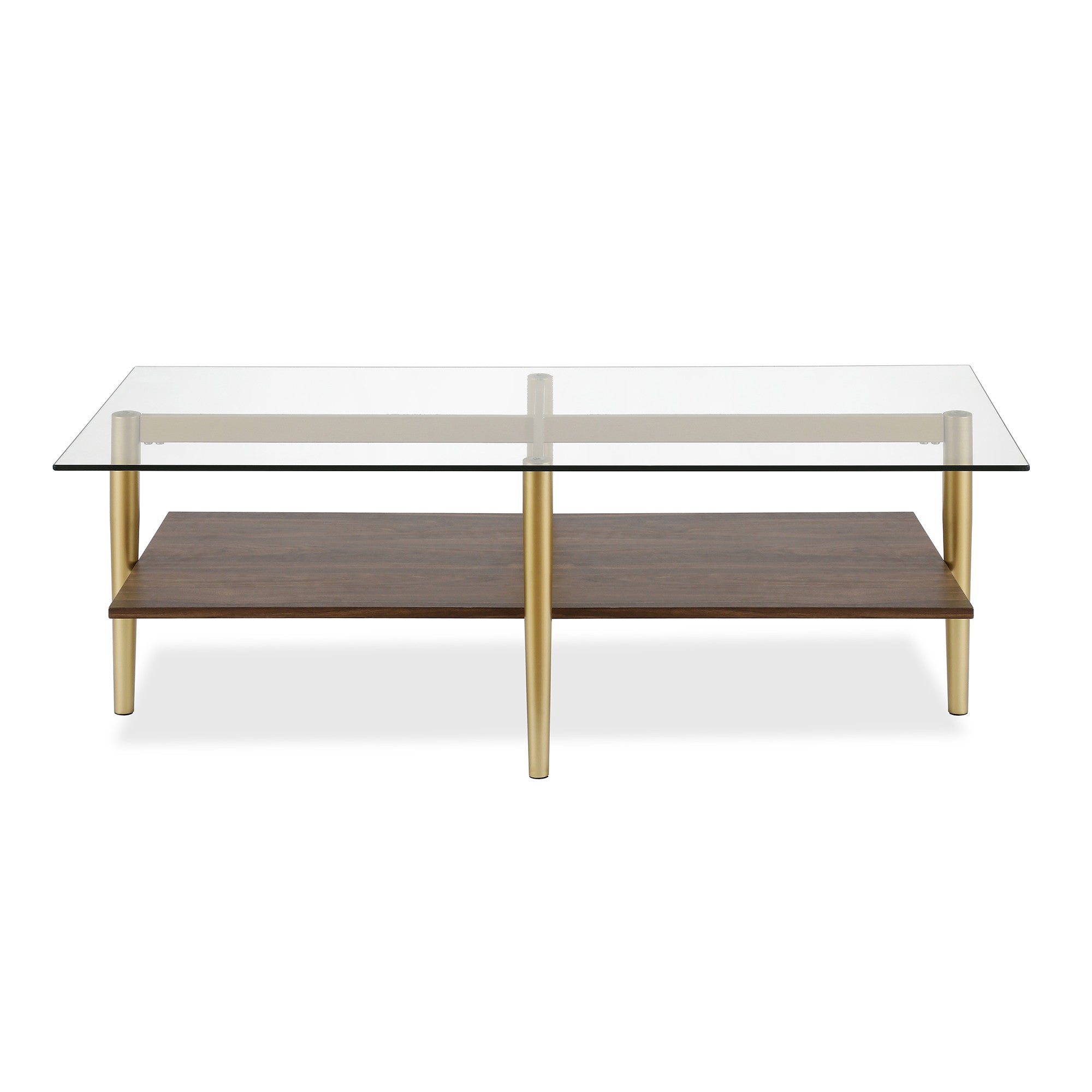 47" Gold Glass and Walnut Rectangular Coffee Table With Shelf