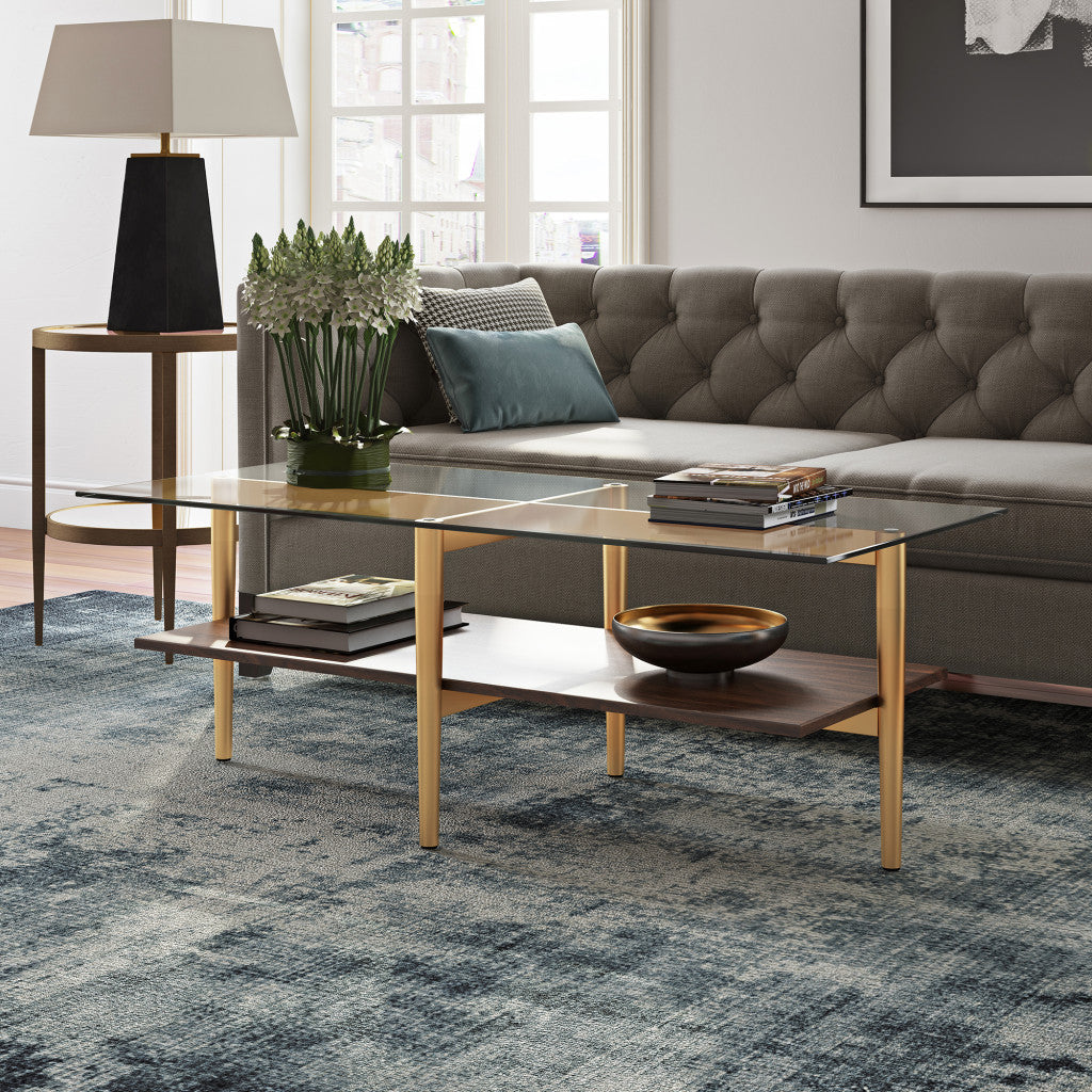 47" Gold Glass and Walnut Rectangular Coffee Table With Shelf