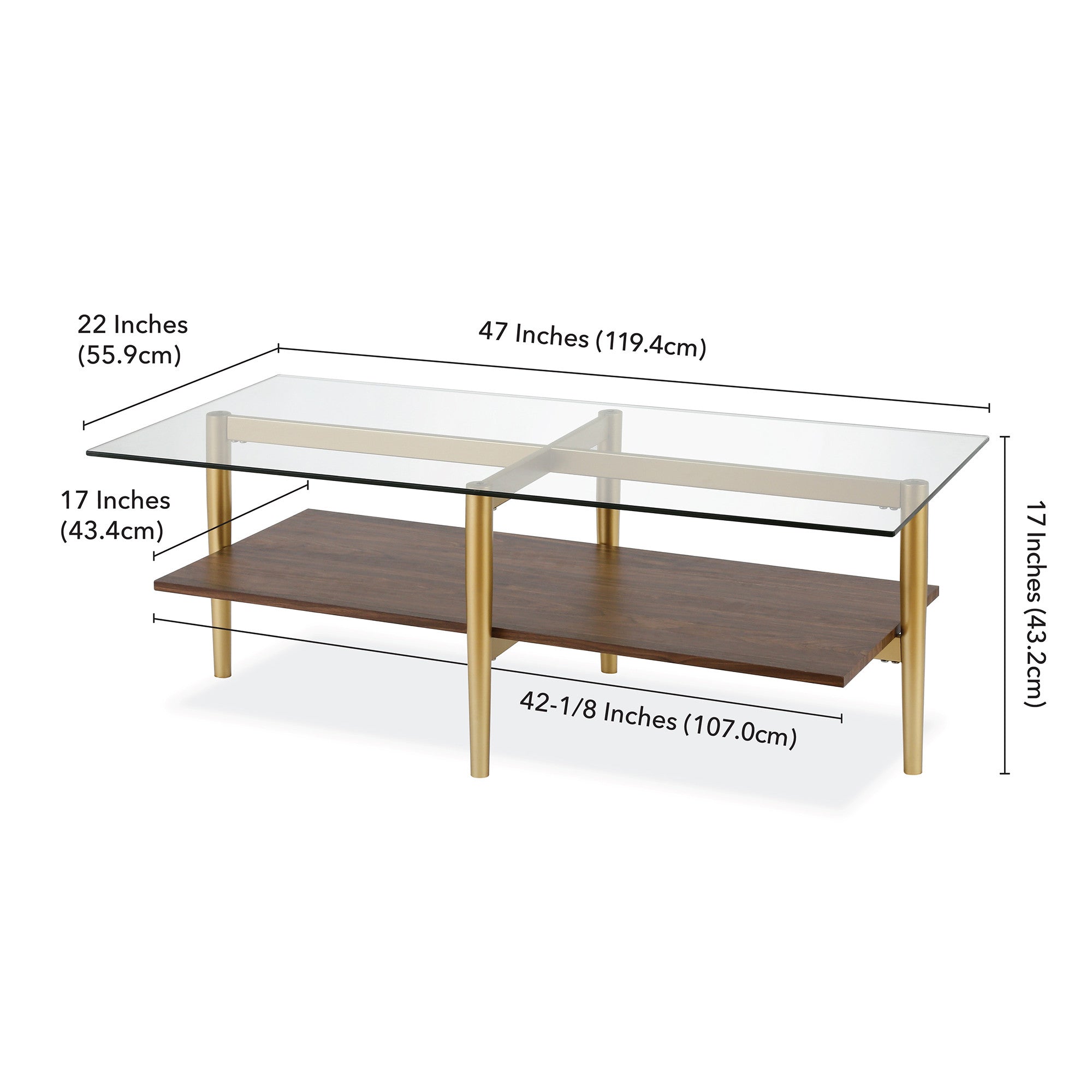 47" Gold Glass and Walnut Rectangular Coffee Table With Shelf