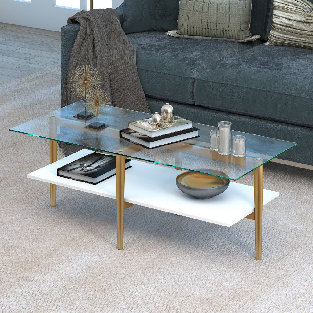 47" Gold Glass and White Rectangular Coffee Table With Shelf