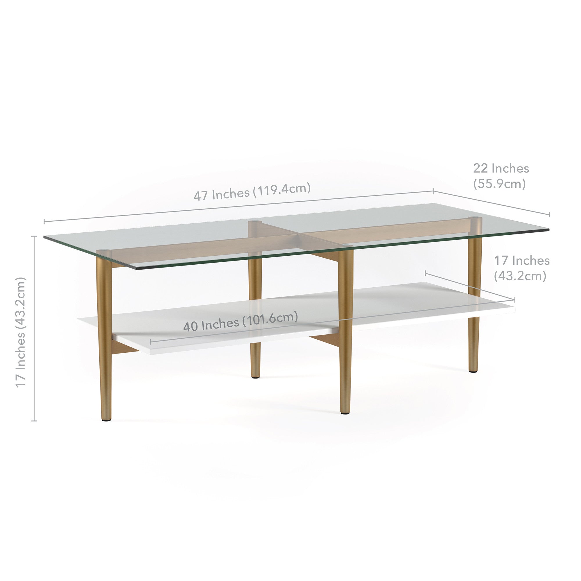 47" Gold Glass and White Rectangular Coffee Table With Shelf