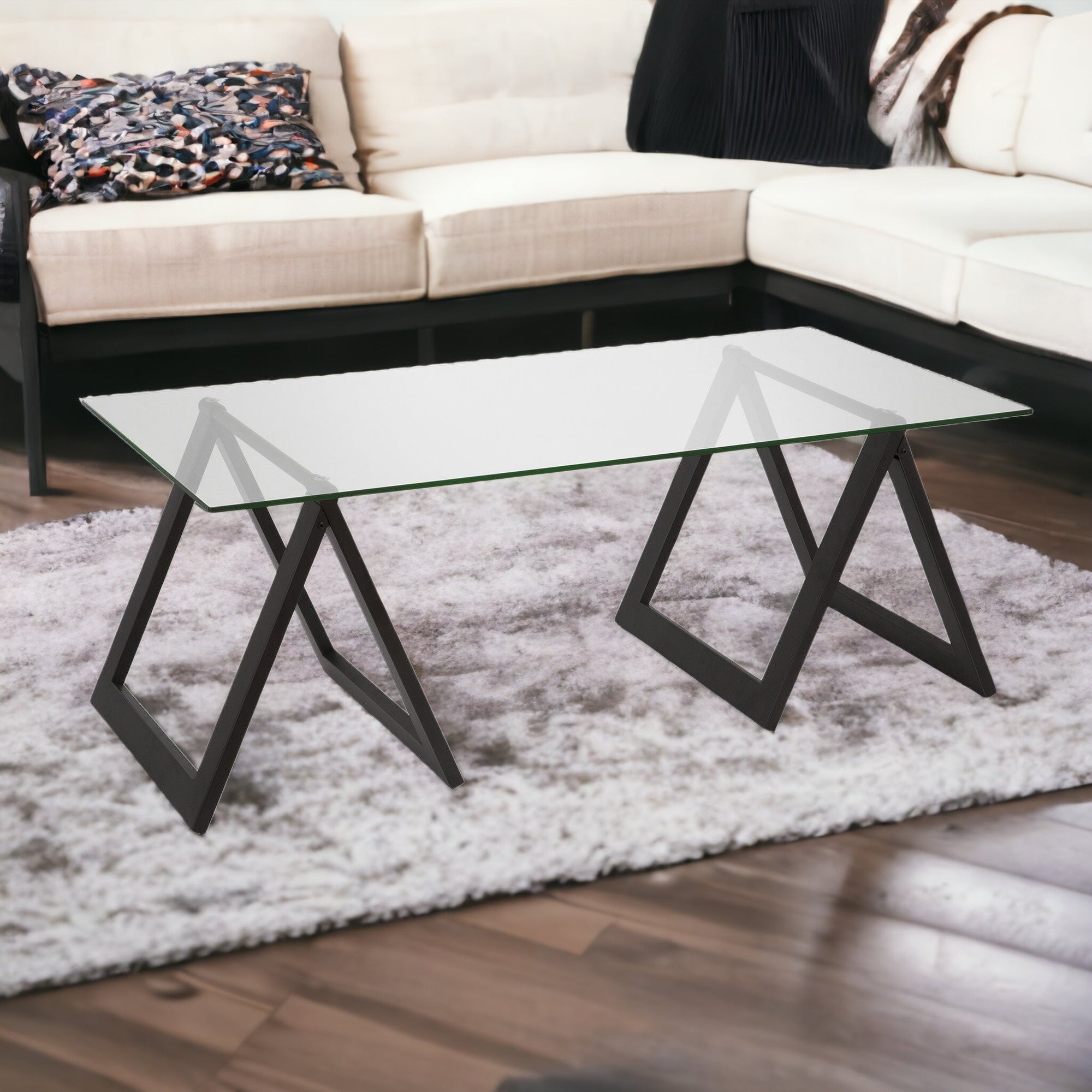 46" Black and Glass Rectangular Sawhorse Base Coffee Table