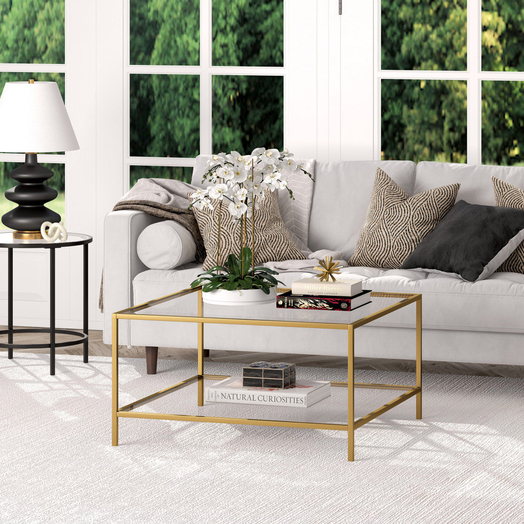 32" Gold and Glass Square Coffee Table With Shelf