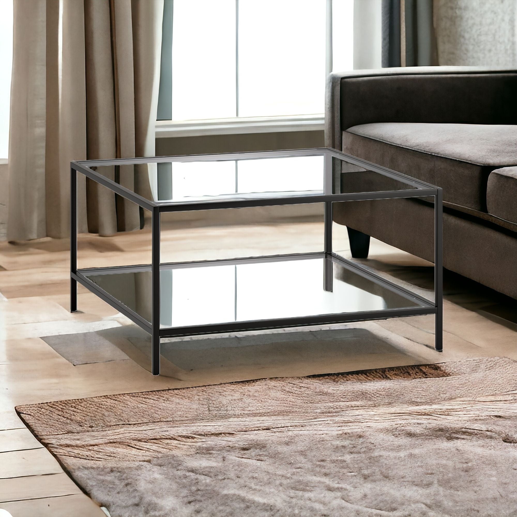 Black and Glass Square Coffee Table With Shelf 32"