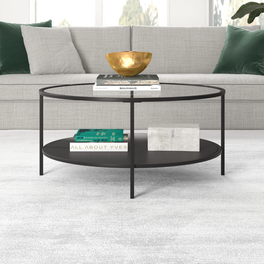 Black Glass Round Coffee Table With Shelf 36"