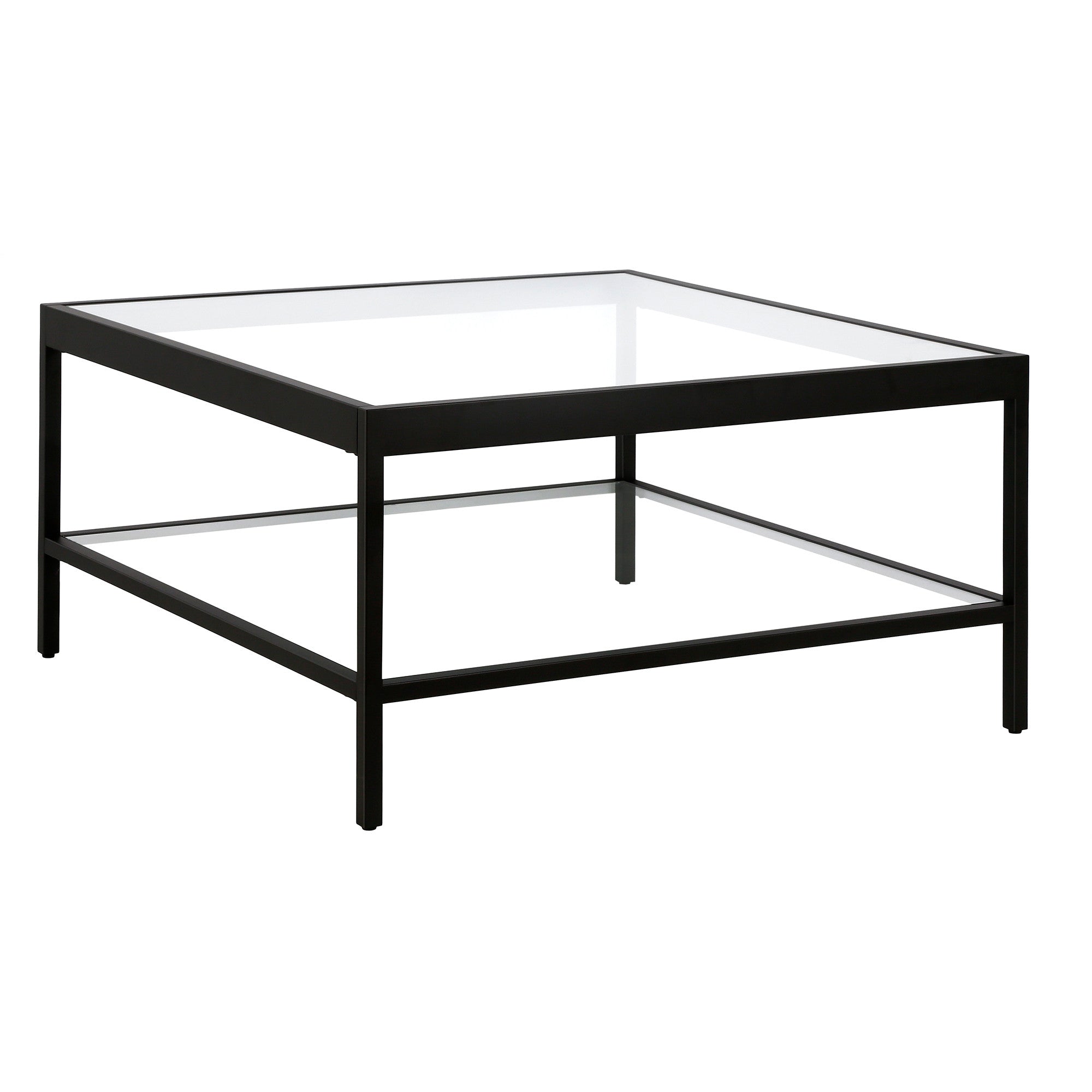 Black Glass Square Coffee Table With Shelf 32"