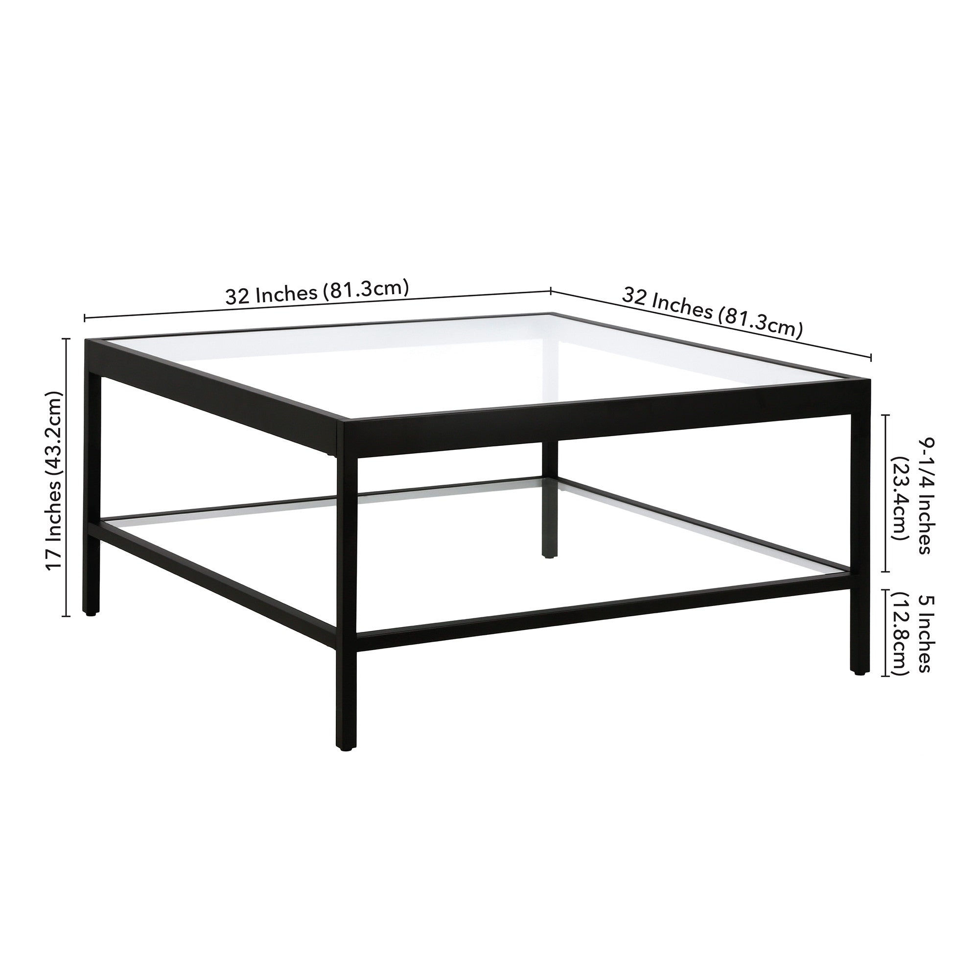 Black Glass Square Coffee Table With Shelf 32"