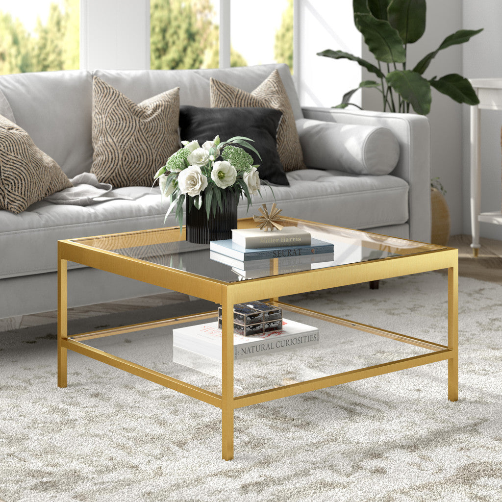 32" Gold Glass Square Coffee Table With Shelf