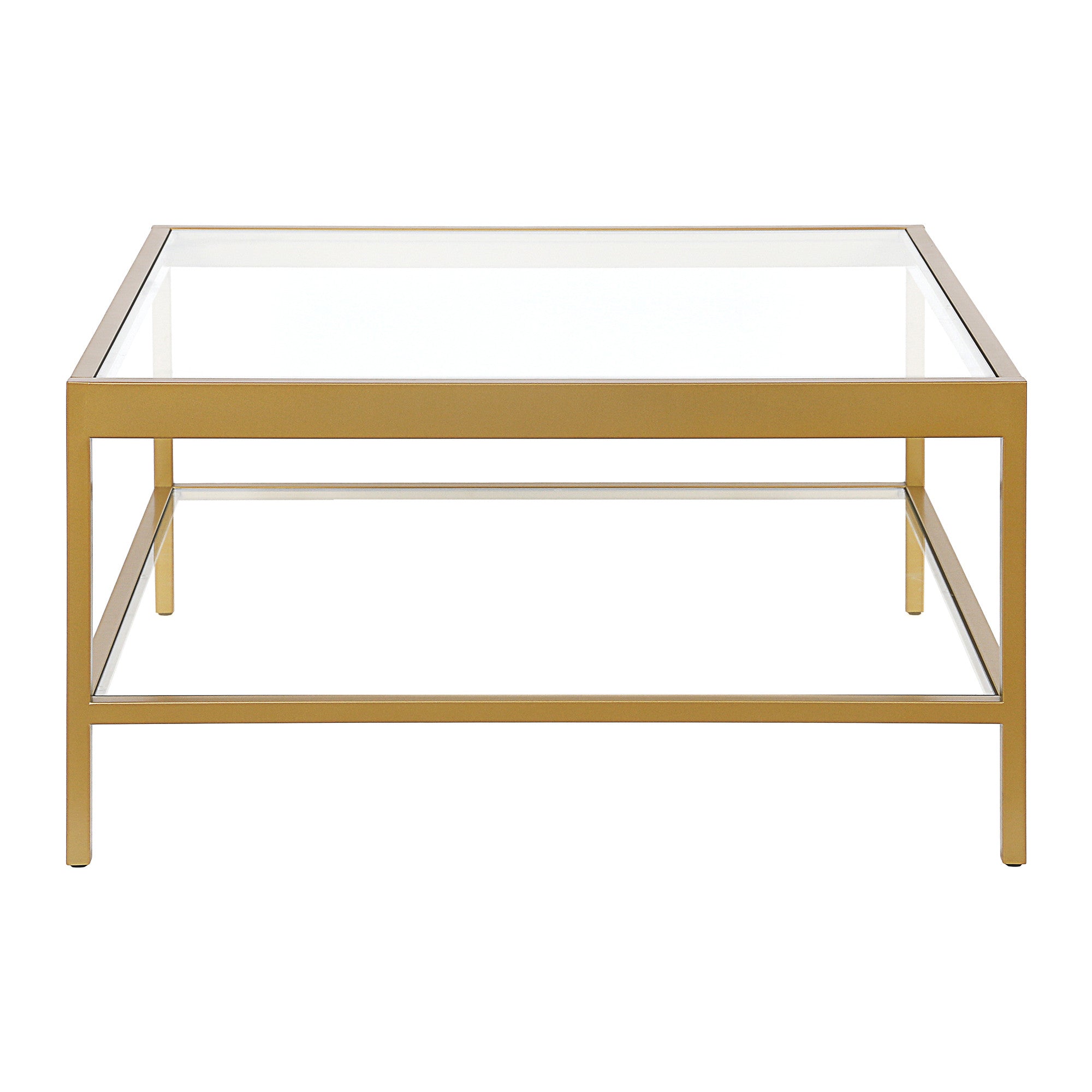 32" Gold Glass Square Coffee Table With Shelf