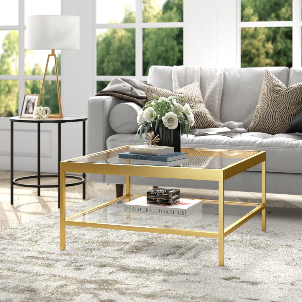 32" Gold Glass Square Coffee Table With Shelf
