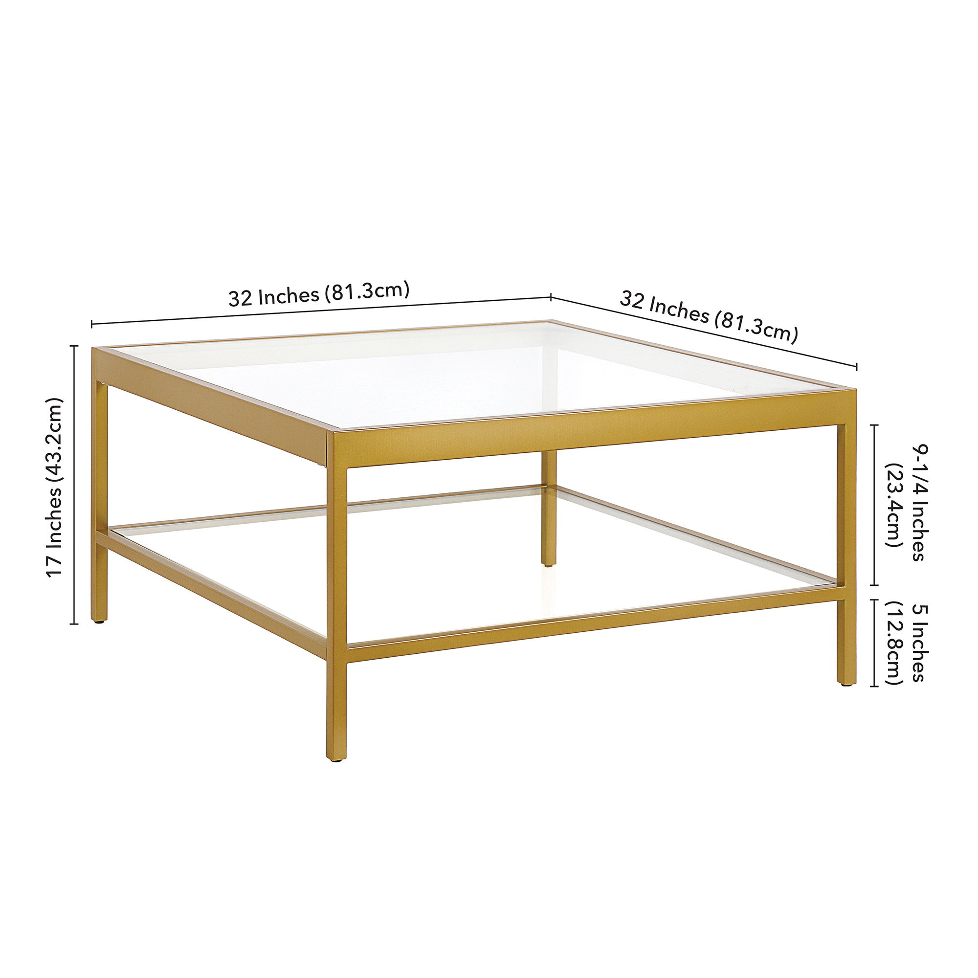 32" Gold Glass Square Coffee Table With Shelf
