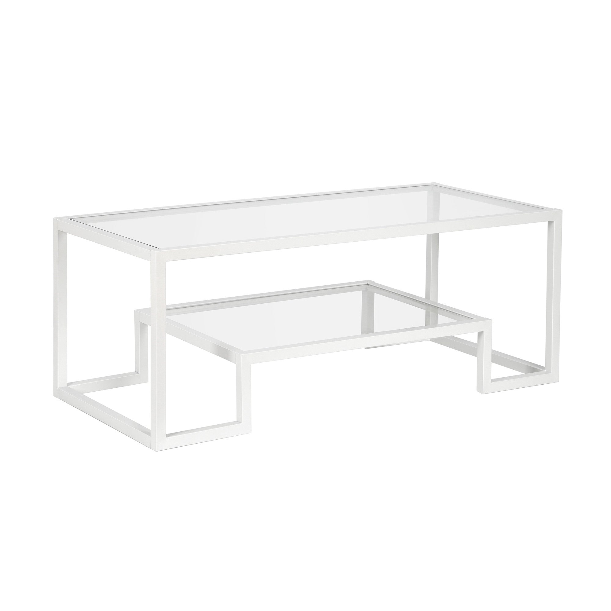 45" White Glass Rectangular Coffee Table With Shelf