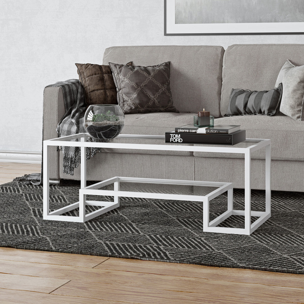45" White Glass Rectangular Coffee Table With Shelf