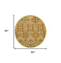8' Yellow Round Floral Power Loom Area Rug