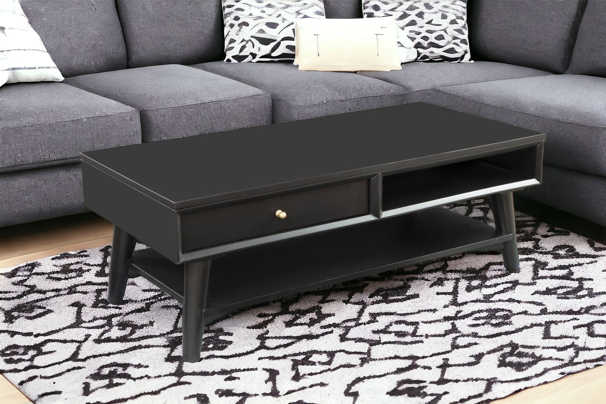 Mesa de centro de madera maciza y manufacturada negra de 48" con cajón