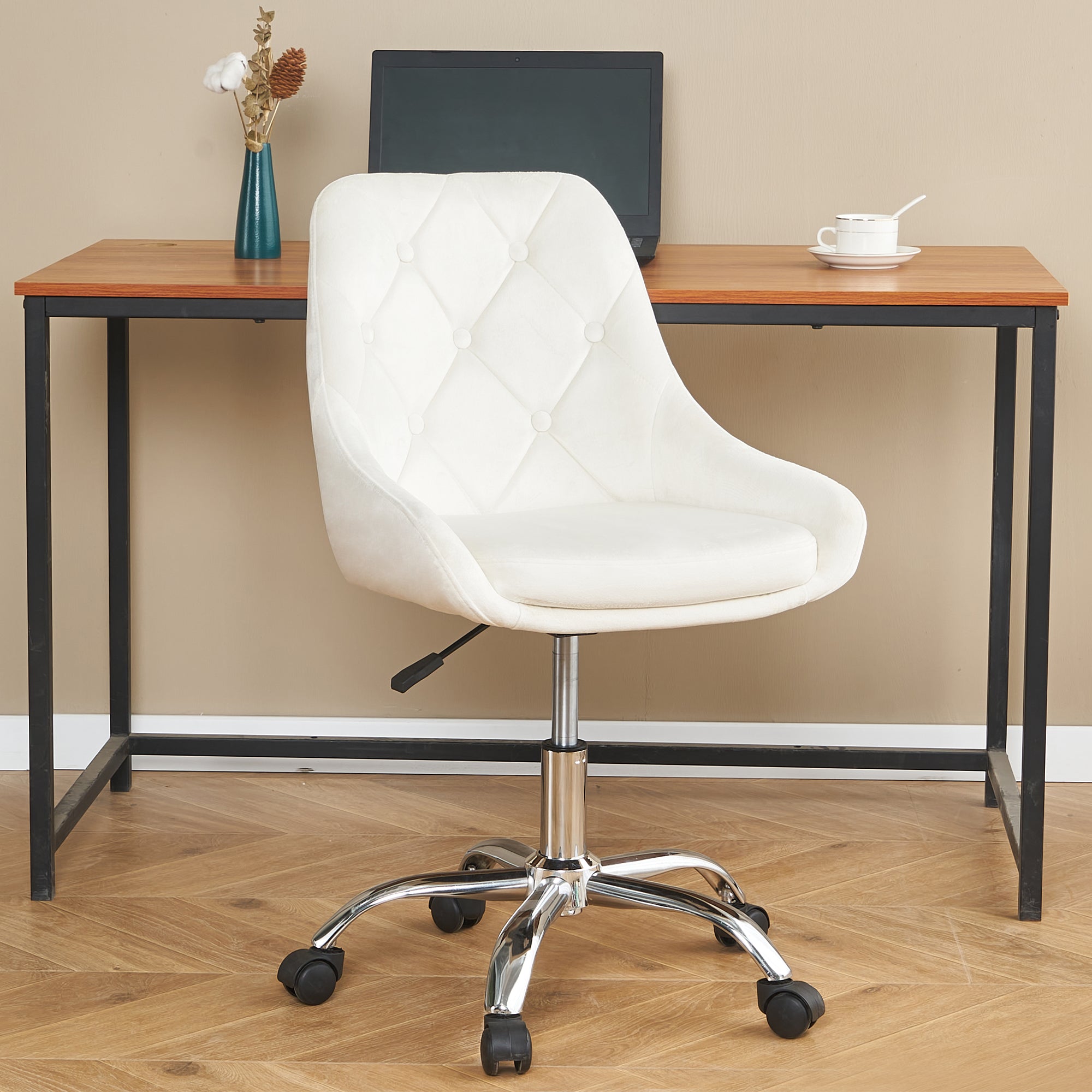 Ivory Tufted Velvet Swivel Adjustable Height Office Desk Chair