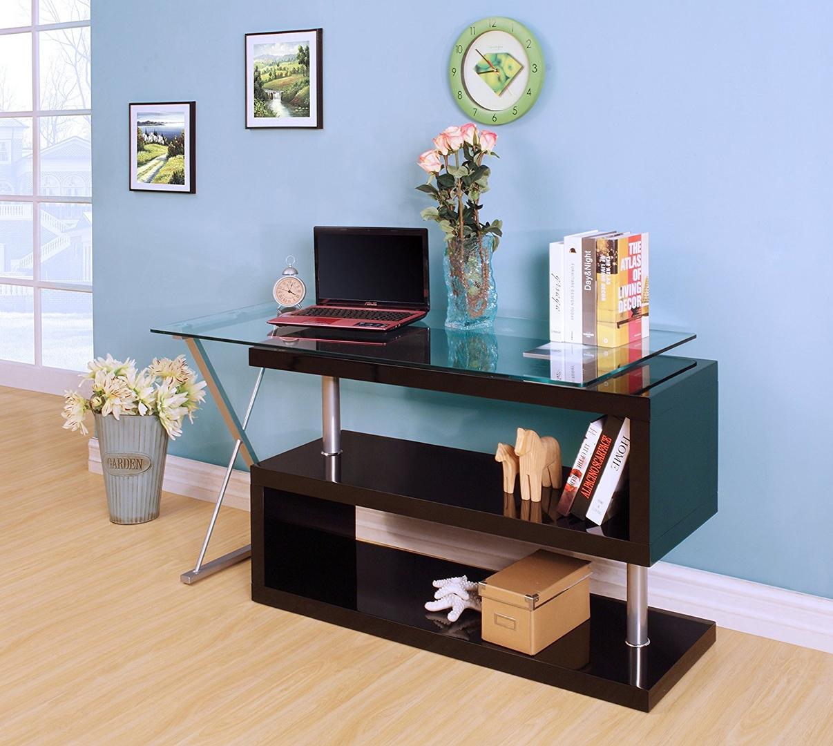 Black High Gloss Clear Glass Office Desk 55" X 47" X 30"