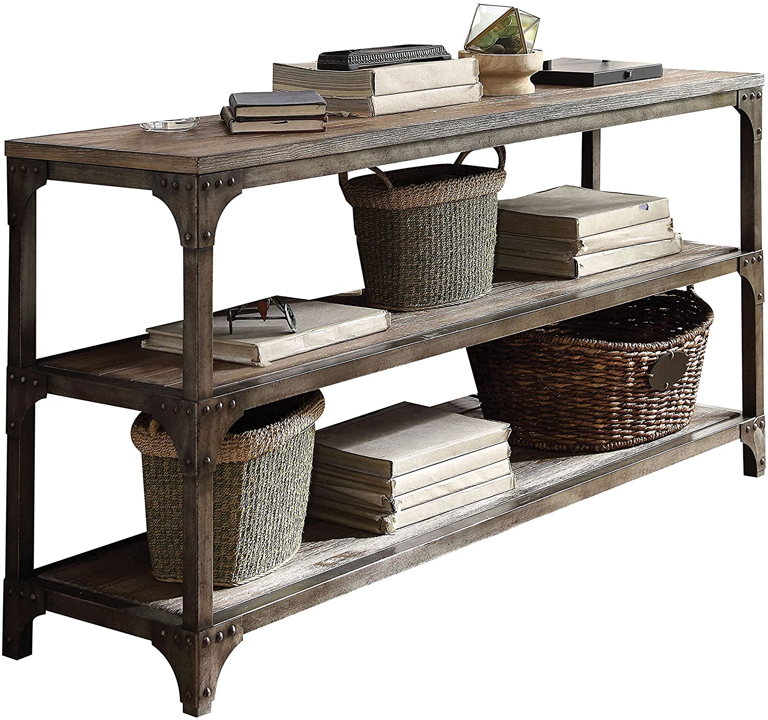 60" Rustic Weathered Oak Console Storage Table