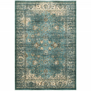8 ft x 11 ft Peacock Blue and Ivory Indoor Area Rug