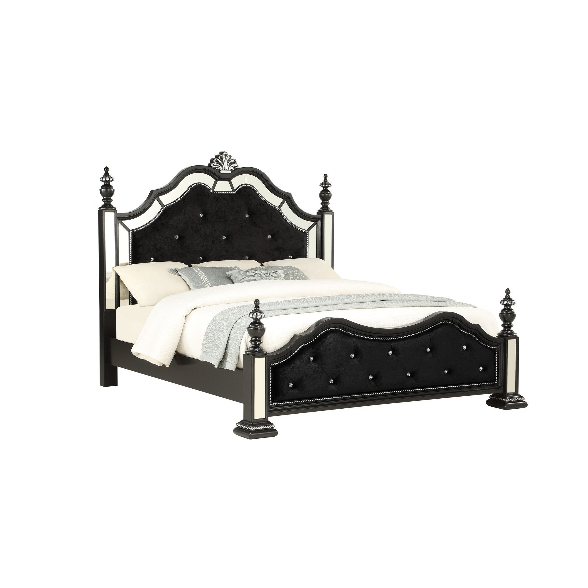 Black Felt Finish Full Bed with Crystal Mirrored Embellished