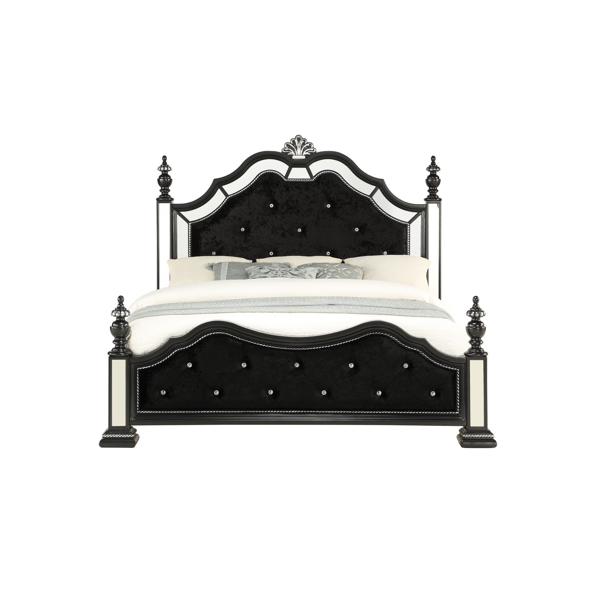 Black Felt Finish Full Bed with Crystal Mirrored Embellished