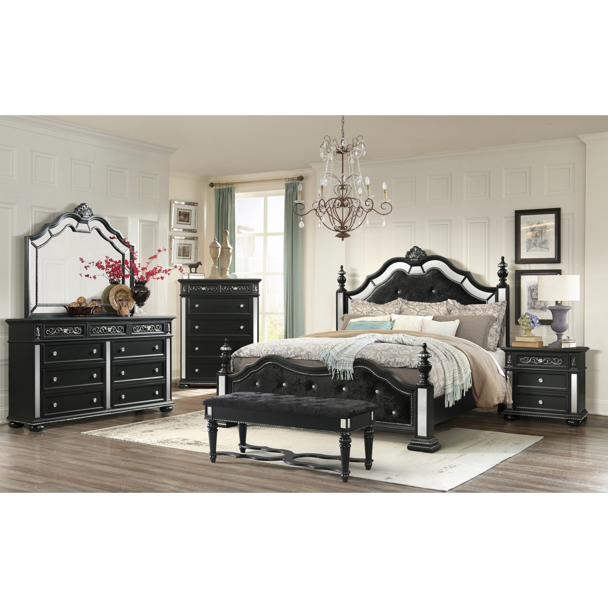 Black Felt Finish Full Bed with Crystal Mirrored Embellished