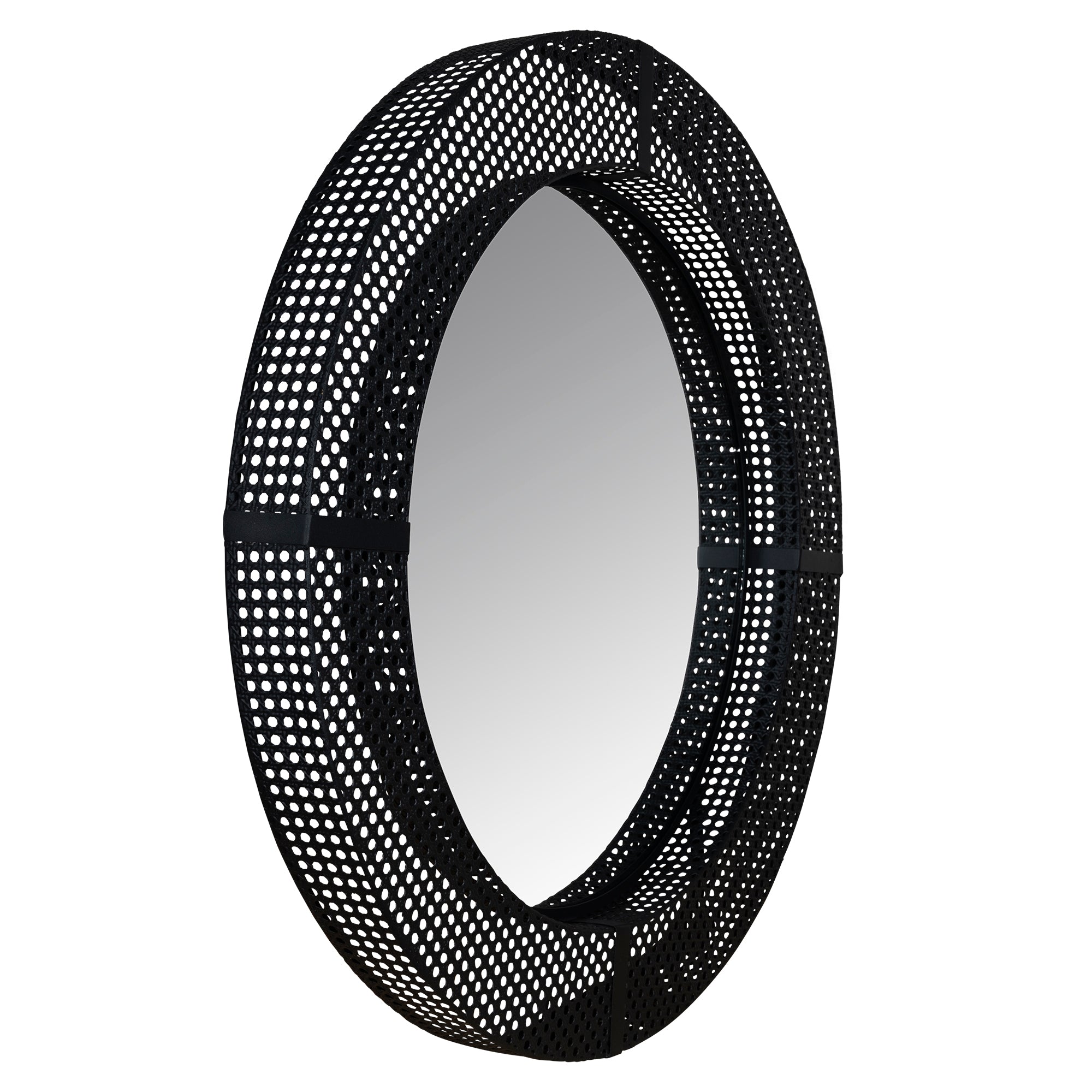 Black Metal Cane Webbing Round Decorative Wall Mirror