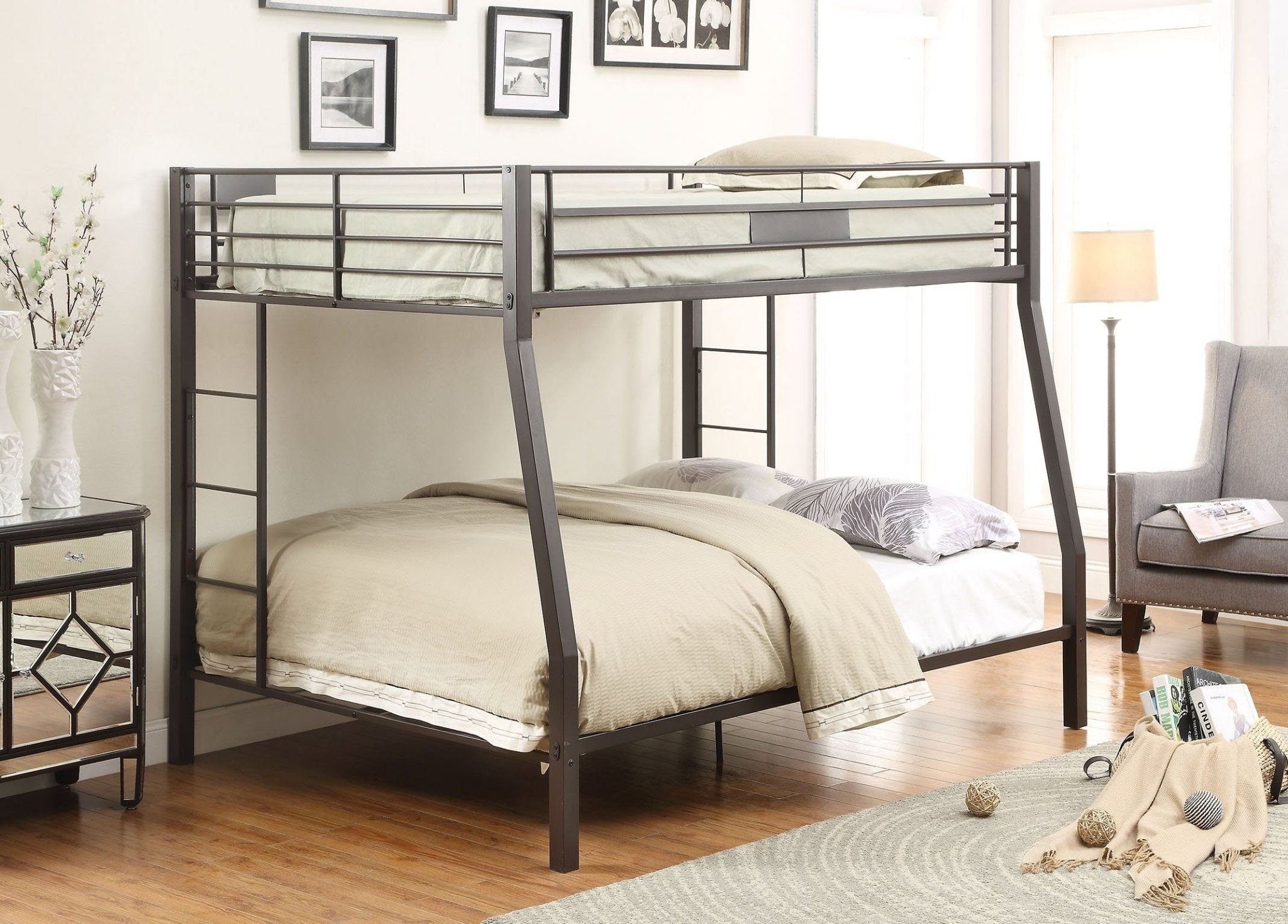 Black Metal Finish Twin Over Full Bunk Bed with Side Ladders