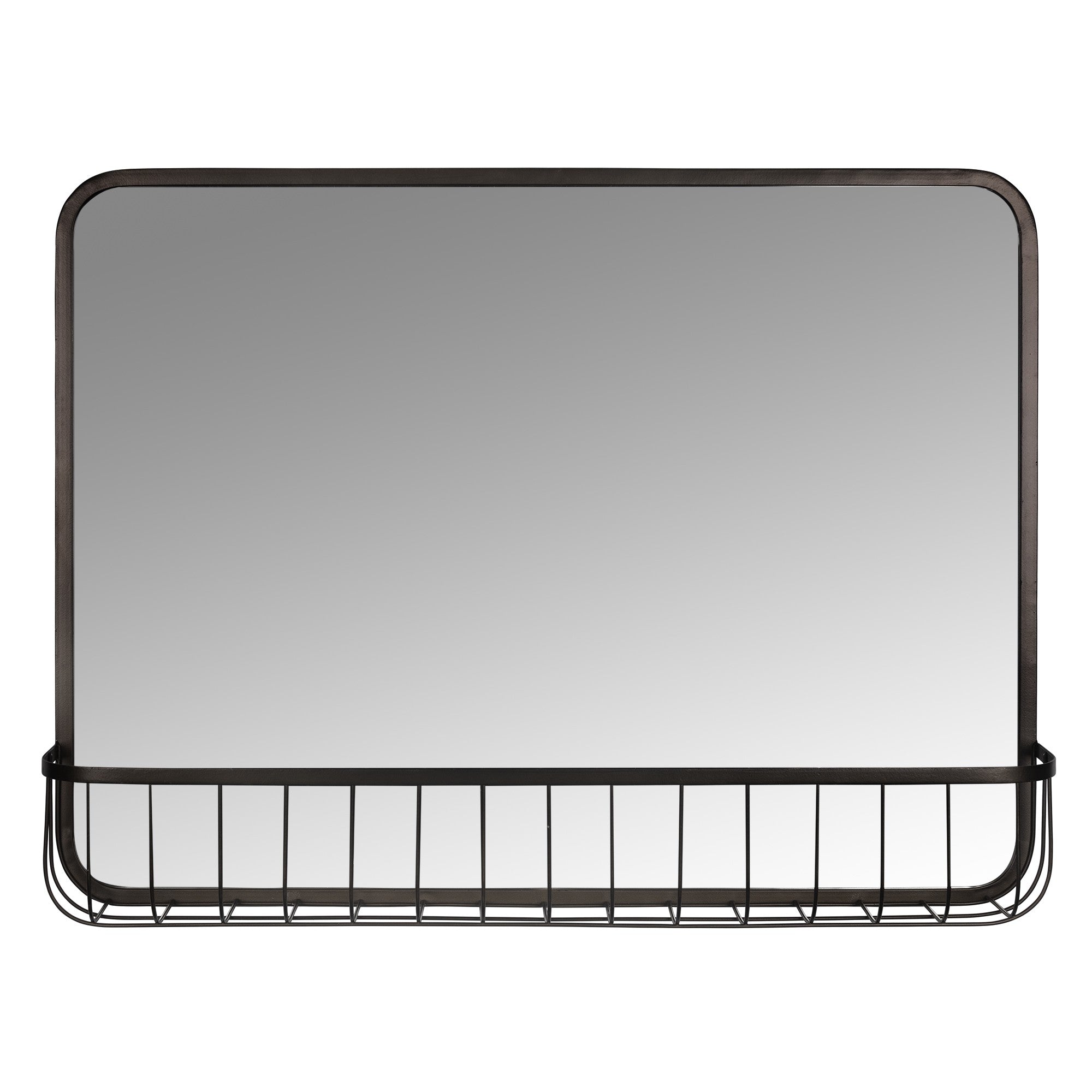 Black Modern Farmhouse Metal Accent Wall Mirror with Basket
