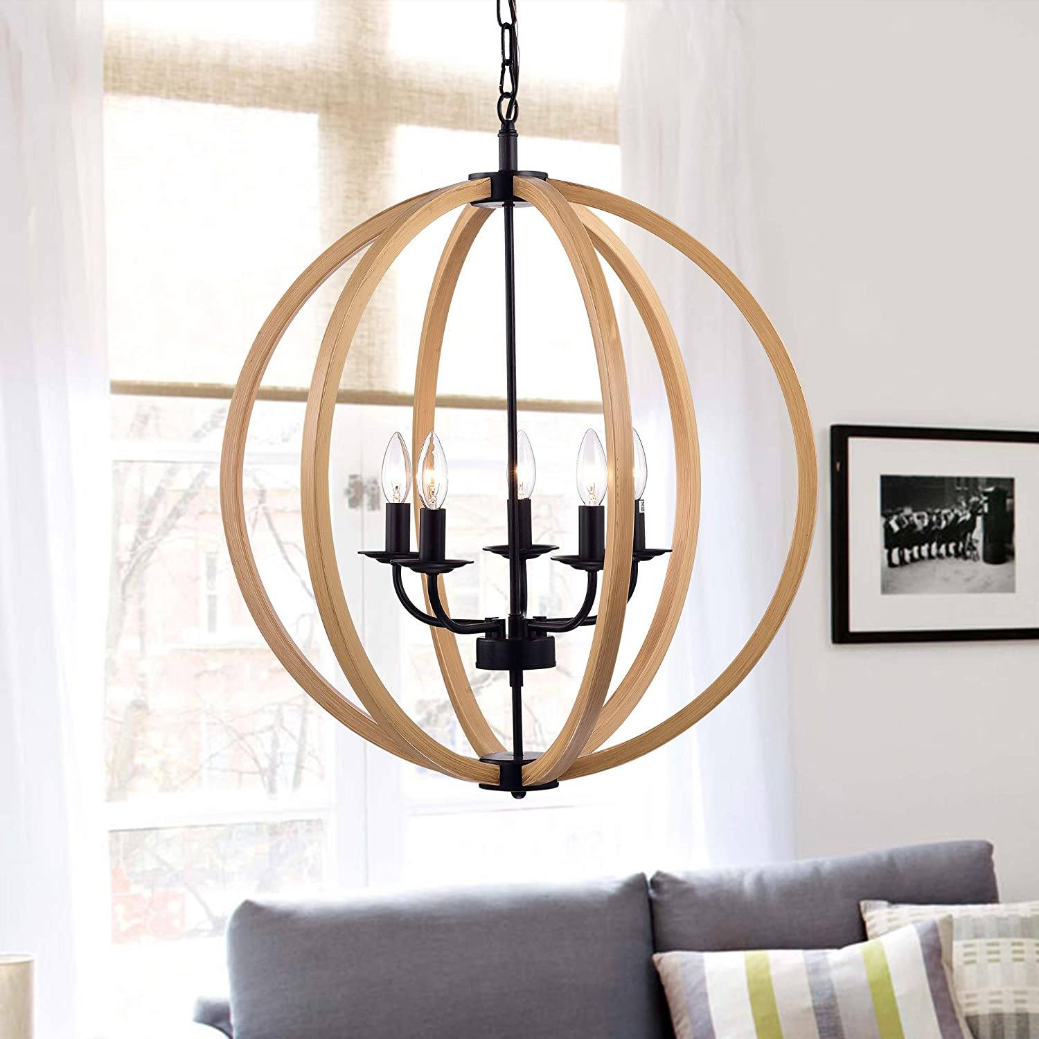 Black Natural Metal Fedelmid Modern Hanging Light Round Pendant Lamp, 24 Inch